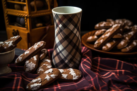 argyle pattern stocking overflowing with chocolate-dipped biscotti, created with generative aiの素材
