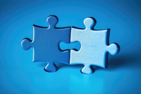 two puzzle pieces fitting together on a blue background, created with generative aiの素材