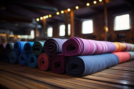 a row of yoga mats rolled up in a gym, created with generative aiの素材