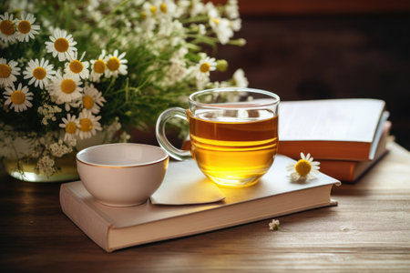 a cup of chamomile tea beside a wellness guide, created with generative aiの素材