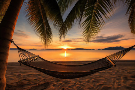 comfortable hammock between two palms on a beach, created with generative aiの素材