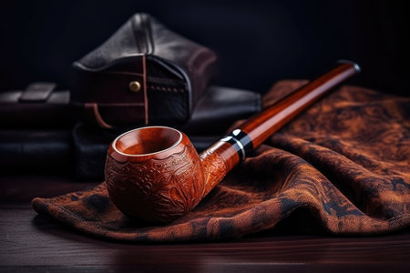 a used smoking pipe on a leather table, created with generative aiの素材