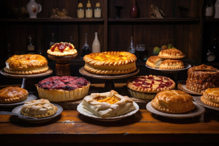 collection of pies on a wooden table, various fillings visible, created with generative aiの素材