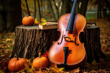 cello next to pumpkin and fall leaves, created with generative aiの素材