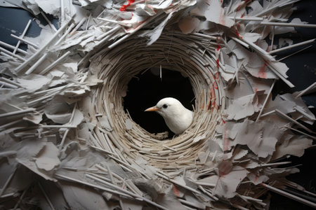 birds-eye view of a whistle nested within shredded documents, created with generative aiの素材