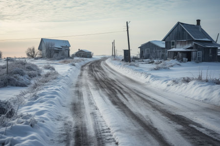 view of a snow-covered rural dirt road, created with generative aiの素材