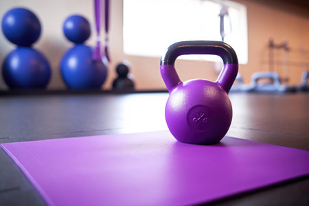 purple yoga mat and kettlebell representing pelvic floor exercise, created with generative aiの素材
