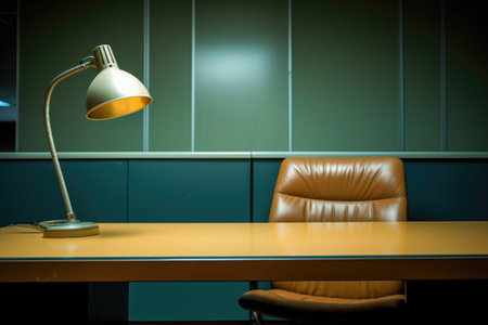 desk lamp left on in an empty office, created with generative aiの素材