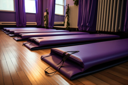 image of a row of purple pilates mats, created with generative aiの素材