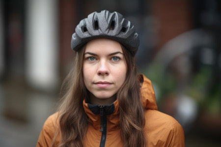 portrait of a young female cyclist standing outside, created with generative aiの素材