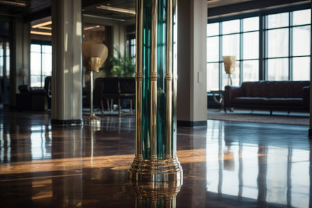 antique column reflecting on the shiny floor of a corporate office, created with generative aiの素材