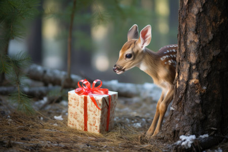 a small fawn sniffing presents under an outdoor christmas tree, created with generative aiの素材
