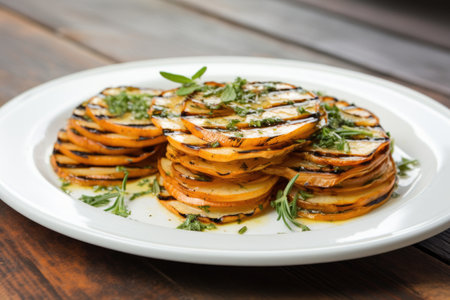 grilled onion slices garnished with fresh herbs on a white plate, created with generative aiの素材