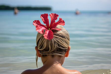 hibiscus flower in a childs hair during a beach day, created with generative aiの素材