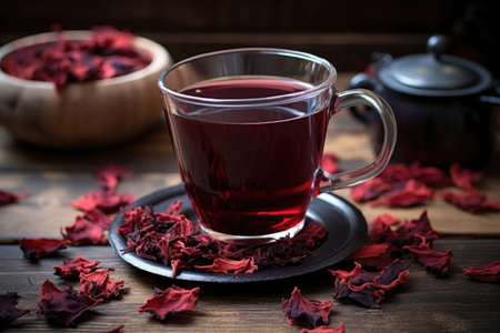 a cup of hibiscus tea on a wooden table with scattered dry hibiscus petals around, created with generative aiの素材