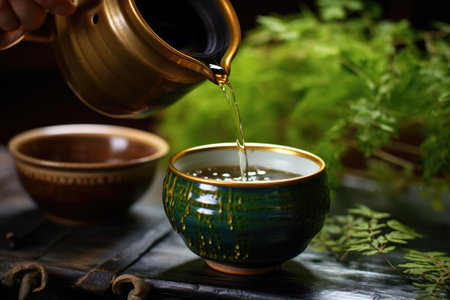 close-up of a japanese teapot pouring green tea into a ceramic cup, created with generative aiの素材