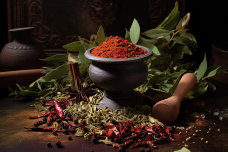 a mortar with freshly ground spices, dried chillies, and bay leaves scattered around, created with generative aiの素材