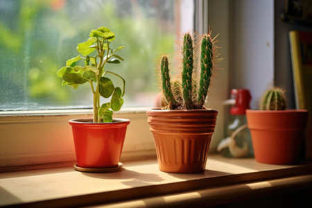 tiny chili plant in a pot next to a cactus on a kitchen windowsill, created with generative aiの素材