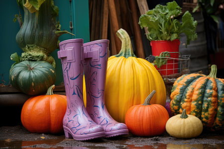 colorful rubber boots next to a large, ripe pumpkin, created with generative aiの素材