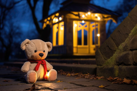 a soft toy bear sitting on the parks stone wall with a lit-up gazebo behind, created with generative aiの素材