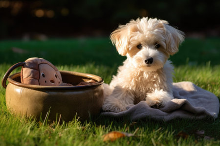 a plush toy dog sitting next to a pet bowl on a grassy lawn, created with generative aiの素材