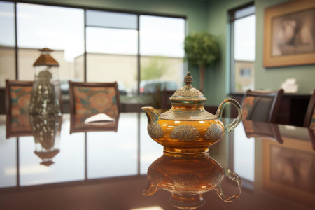 an antique teapot on a glass-top conference table with blurred office background, created with generative aiの素材