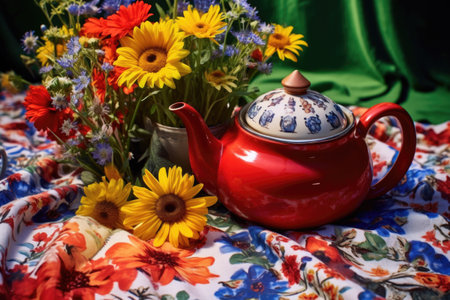 a ceramic teapot on a colorful picnic blanket, surrounded by wildflowers, created with generative aiの素材