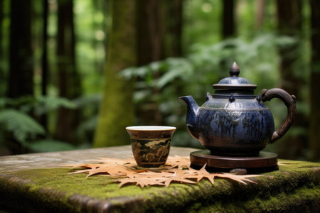 a traditional japanese teapot on a stump, bamboo forest in the background, created with generative aiの素材