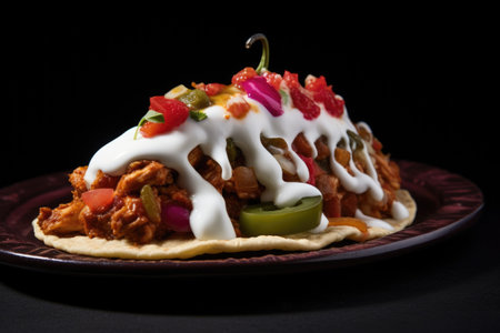 a whole chili pepper lying on top of a chicken taco with sour cream, created with generative aiの素材