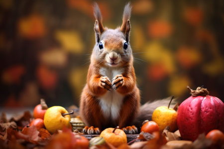 squirrel holding a nut with autumn leaves backdrop, created with generative aiの素材