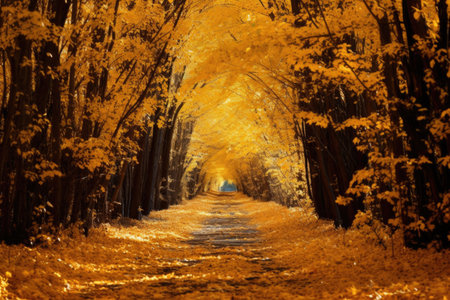 golden leaves carpeting a forest trail, created with generative aiの素材