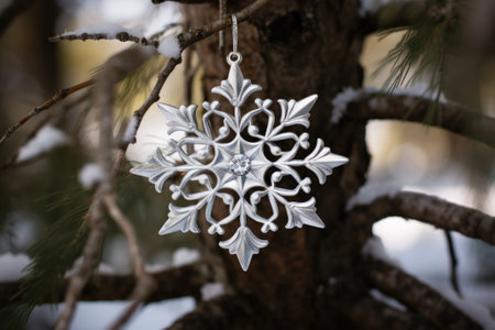 silver snowflake ornament nestled in a tree branch, created with generative aiの素材