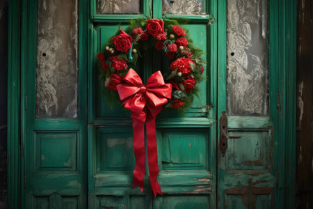 green wreath with red bow on a wooden door, created with generative aiの素材