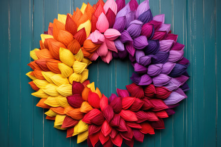 wreath made of brightly colored knit woolen mittens, created with generative aiの素材
