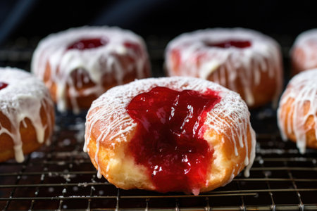 close-up of jelly-filled donuts on a wire cooling rack, created with generative aiの素材