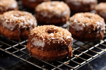 closeup of cooling donuts on a rack, created with generative aiの素材