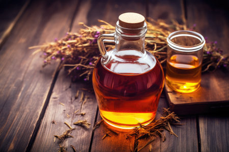 a bottle of kombucha tea on a wooden surface, created with generative aiの素材