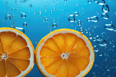 fresh orange slices spread over a blue surface, created with generative aiの素材