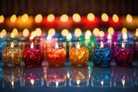 an array of colorful holiday candles on a glass tabletop, created with generative aiの素材
