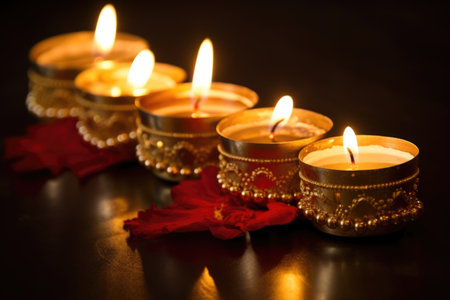 closeup of kinara with all seven candles lit, created with generative aiの素材
