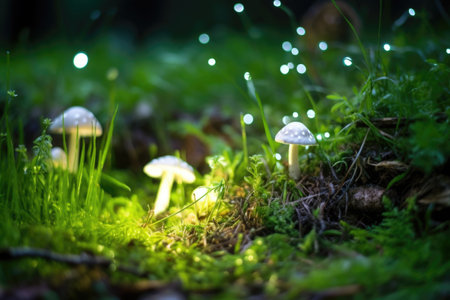 patch of green grass covered with fairy mushroom lights, created with generative aiの素材