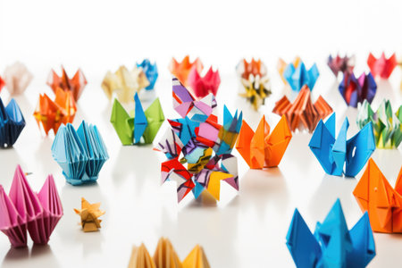 colorful hanukkah-themed origami shapes on a white table, created with generative aiの素材