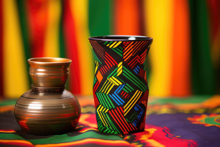 kwanzaa unity cup surrounded by colorful african fabric, created with generative aiの素材