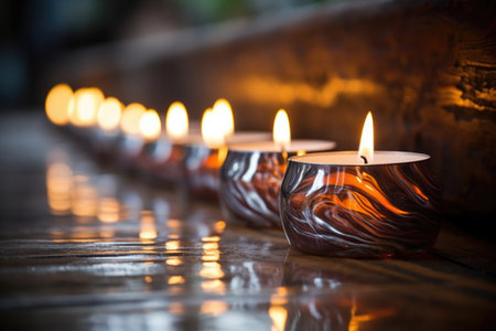 close-up of the kinara candle flames reflecting on a wooden surface, created with generative aiの素材