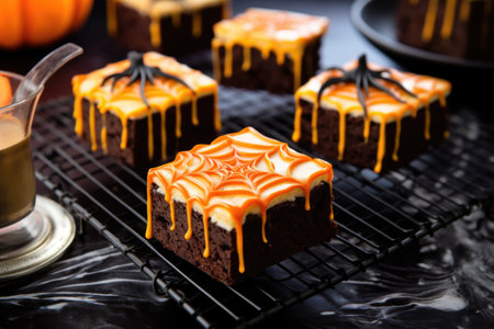 square-cut halloween brownies with orange frosting on a cooling rack, created with generative aiの素材