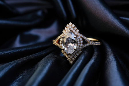 close-up of a diamond engagement ring on black velvet, created with generative aiの素材