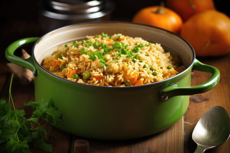 rice cooked in a pot with peas and carrots, created with generative aiの素材