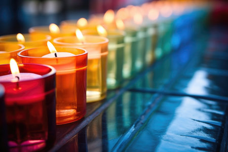 close-up of candles lined in a neat row, created with generative aiの素材