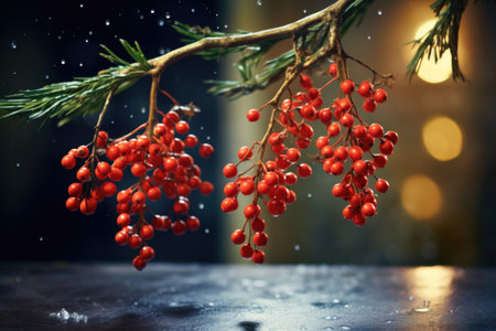 mistletoe hanging on brightly lit christmas tree branch, created with generative aiの素材