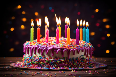 a birthday cake with colorful candles, created with generative aiの素材